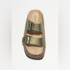 812. NEW Cape Robbin Metallic Olive Green Double Buckle Slide Sandal